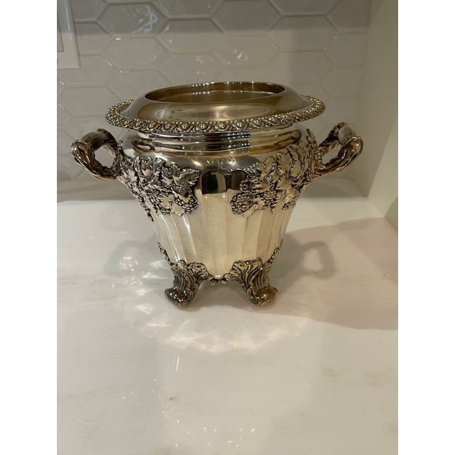 Sheffield Antique Silverplated Sheffield Champagne Bucket With Two Handles and Elaborate Decoration For Sale - Image 4 of 10