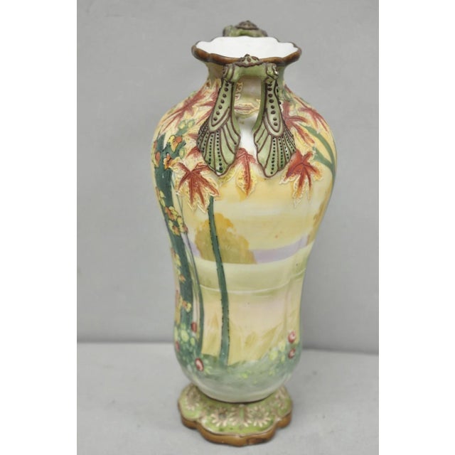 Antique Nippon Hand Painted Porcelain Moriage Twin Handle Countryside Scene Vase For Sale - Image 11 of 18
