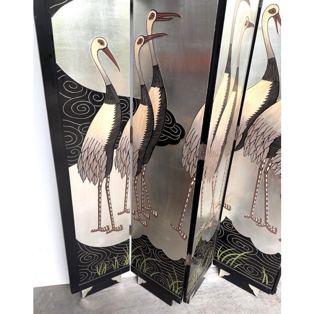 Art Deco Style Six-Panel Silver Leaf Crane Screen, Hong Kong, Circa 1980 For Sale - Image 13 of 18
