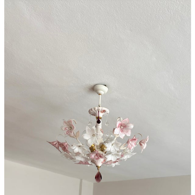 Vintage Murano Style Floral Chandelier – Romantic Pink & White Glass Bouquet Light For Sale - Image 14 of 17