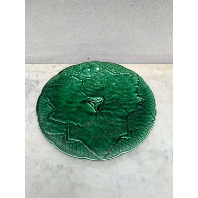Green Majolica Leaf Plate signed Gien Primefleur circa 1950.