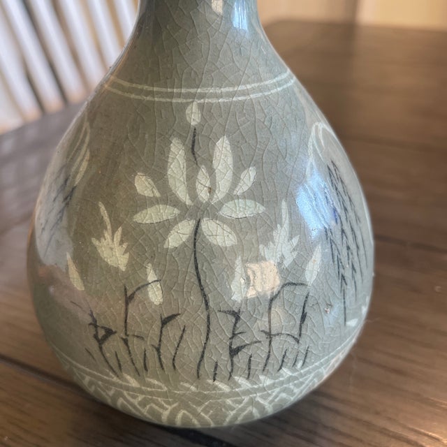 1970s 1970s Mid-Century Studio Celadon Double-Gourd Vase With Inlaid Lotus and Medieval Seal Mark For Sale - Image 5 of 12