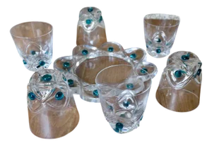 Floride Turquoise Crystal Whiskey Tumblers and Assiette Lalique, 1950, Set of 7
