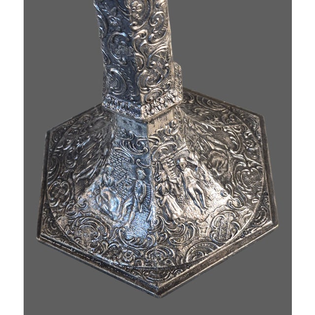 Antique Ornate Victorian Pair Repousse Tavern Dutch Scene Silverplate Derby Candlesticks Marked For Sale - Image 4 of 12