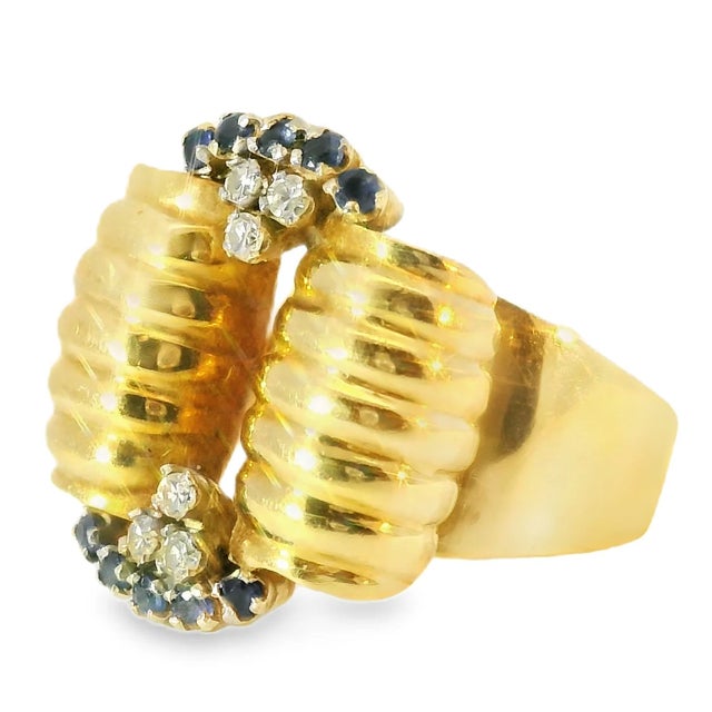 18K Yellow Gold Antique Estate Diamond & Sapphire Designer Handmade Ring. This exquisite piece showcases a beautiful...