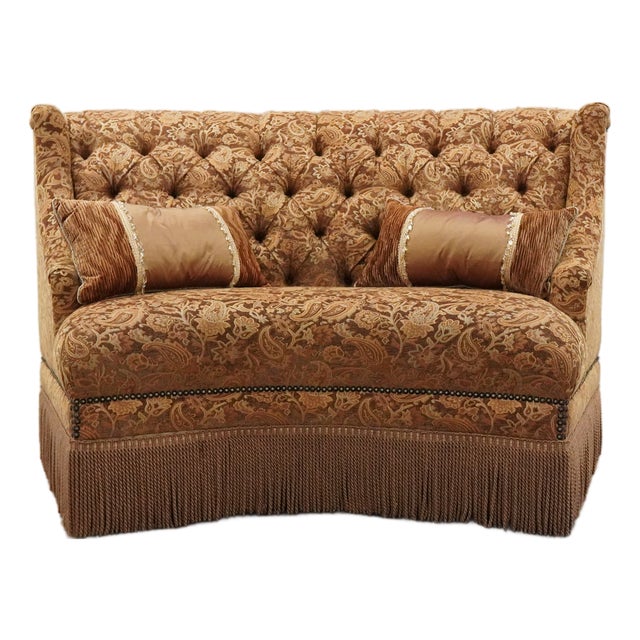 Vintage Marge Carson Curved Tufted Upholstered Dining Bench With Tassel Fringe For Sale