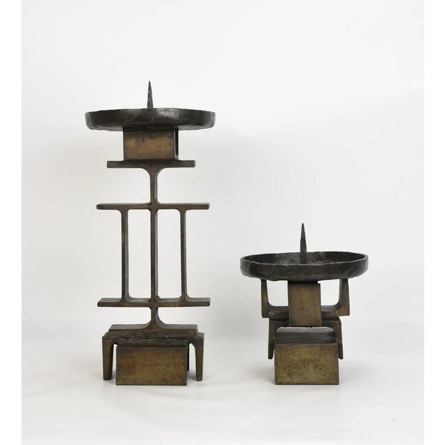 Metal Signed Late 20th Century Heavy Iron Modernist Blacksmith Signed Pricket Candlesticks- Set of 2 For Sale - Image 7 of 9