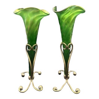 Antique Victorian Glass Epergne Trumpet Horn Vase Green Opaline Metal Base Pair For Sale