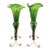 Antique Victorian Glass Epergne Trumpet Horn Vase Green Opaline Metal Base Pair For Sale