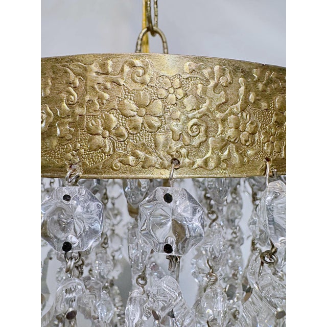 1950s Vintage Brass Ornate Crown Chandelier With French Pendalogue Crystals For Sale - Image 5 of 9