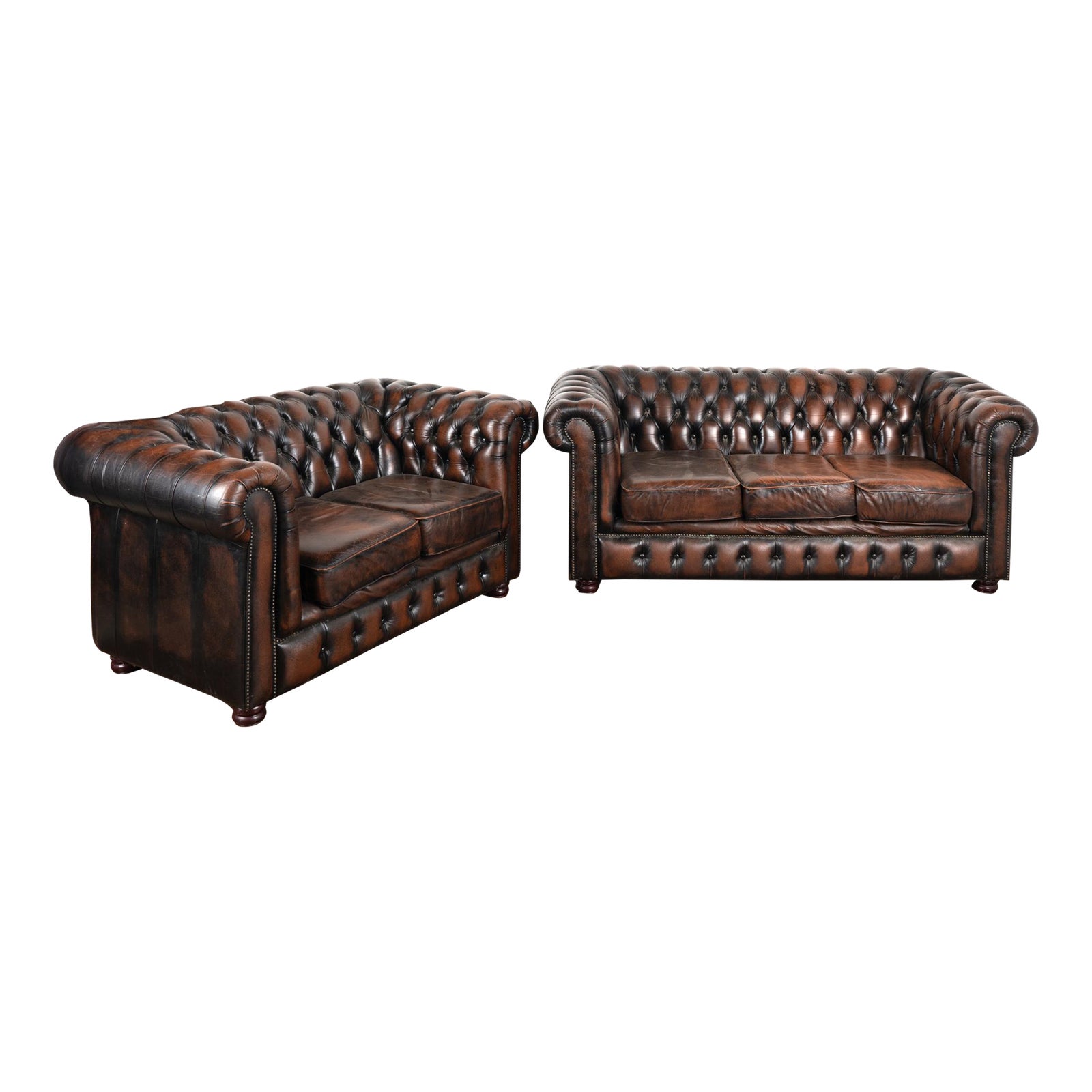 Vintage Brown Leather Chesterfield Three Seat and Two Seat Sofa Set ...