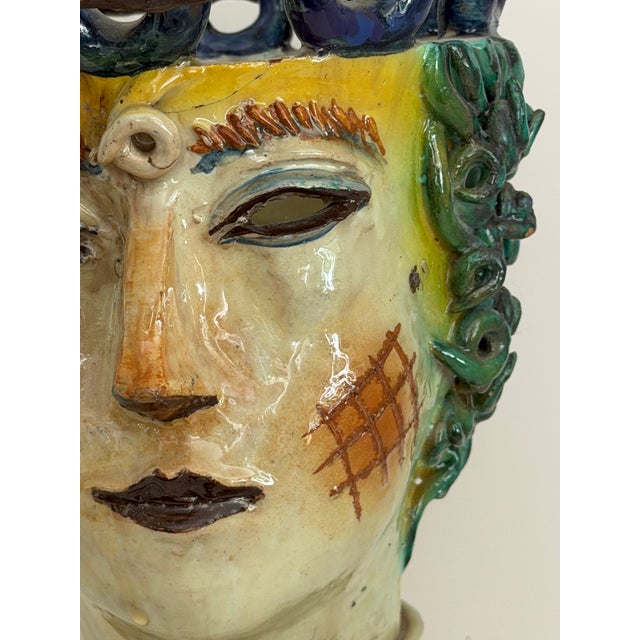 Traditional Rare Pair of Cantagalli Florence Renaissance Revival Majolica Figural Head Vases, Italy, Late 19th Century For Sale - Image 3 of 12