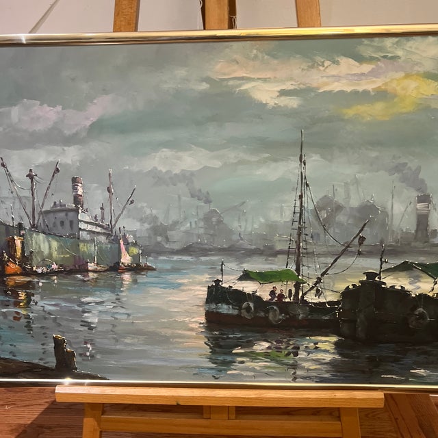 Textile 20th Century European School Oil on Canvas Boats in the Harbor Framed Signed For Sale - Image 7 of 12