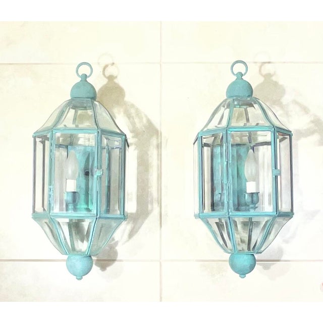 Pair of Vintage Solid Brass & Beveled Glass Wall Lantern - Sconces - Verdigris For Sale - Image 4 of 17