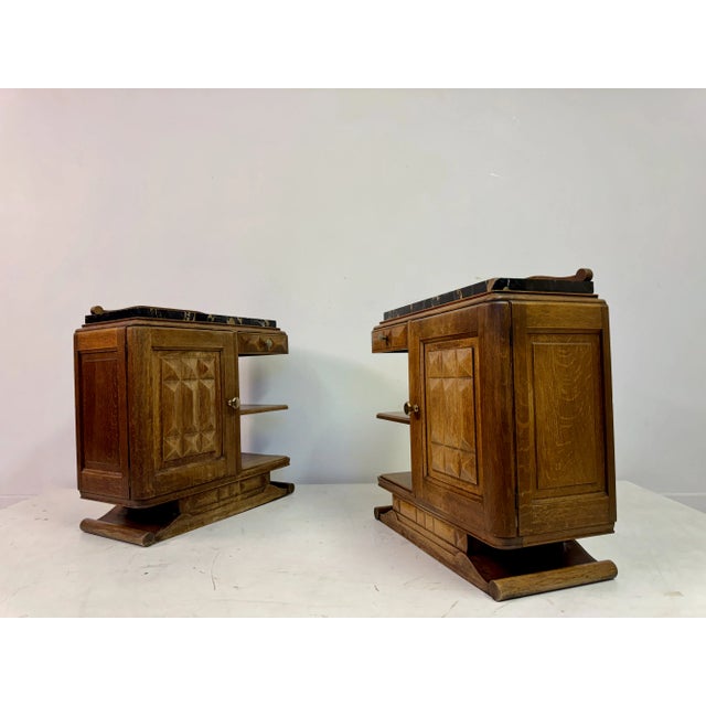 French Oak Bedside Tables with Portoro Marble Tops, 1930s, Set of 2 For Sale - Image 9 of 13