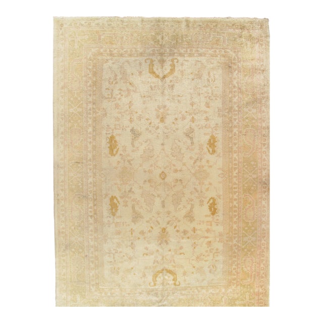 Antique Angora Oushak Carpet, Handmade Oriental Rug, Shrimp, Taupe, Ivory, Fine For Sale