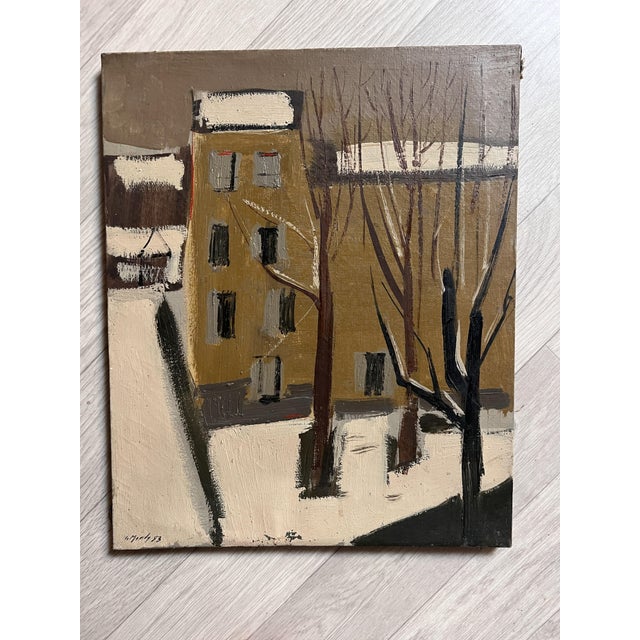 City Scene with Houses in Winter Snow, 1953, Oil Painting For Sale - Image 5 of 5