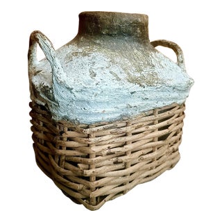 Vintage Artisanal Chinese Clay Vessel, Jar, Encased in a Basket Made of Woven Shanxi Willow For Sale