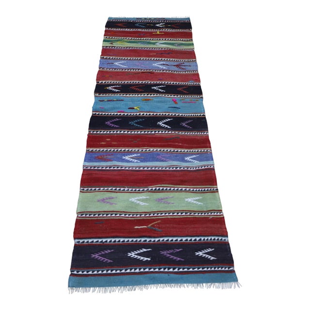 1970s Rustic & Primitive Striped Hand Knotted Oushak Kilim Runner For Sale