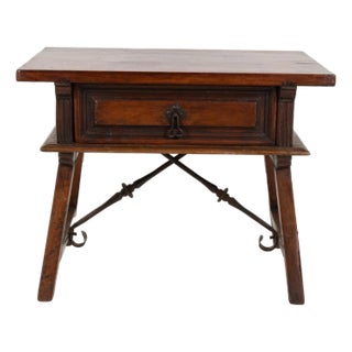 Spanish Chestnut Low Table With Single Panel Drawer on Trestle Base Circa 1800 For Sale