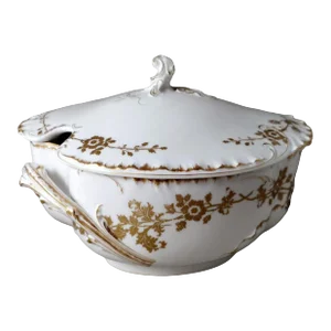 Antique Haviland & Co Limoges French Tureen in White Porcelain and Gold Decoration