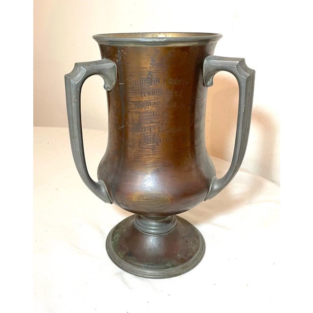 Rare Antique 1912 Hand Engraved Bronze Pewter Tennis Singles 3 Handle Trophy Urn For Sale - Image 4 of 14