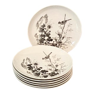 Mid 20th Century Mid Century Modern Dorthy Thorpe China With Peonies Birds and Butterflies 7 Medium Plates For Sale