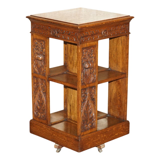 Carved 1880 Antique Victorian English Oak Revolving Bookcase Book Table For Sale