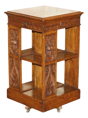 Carved 1880 Antique Victorian English Oak Revolving Bookcase Book Table