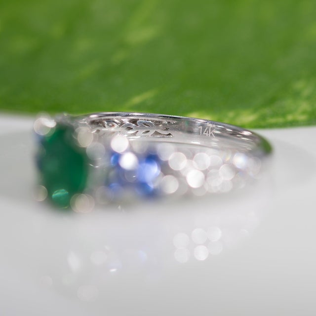 Zambian Emerald Ring With Natural Diamonds & Blue Sapphires: Solid 14k Gold, Size 6.75 For Sale - Image 9 of 9