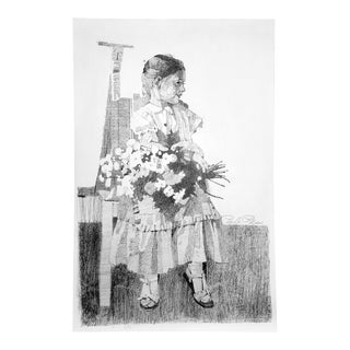 Original Drawing of Girl With Bouquet Pencil on Board Signed Artist Paul Phifer For Sale