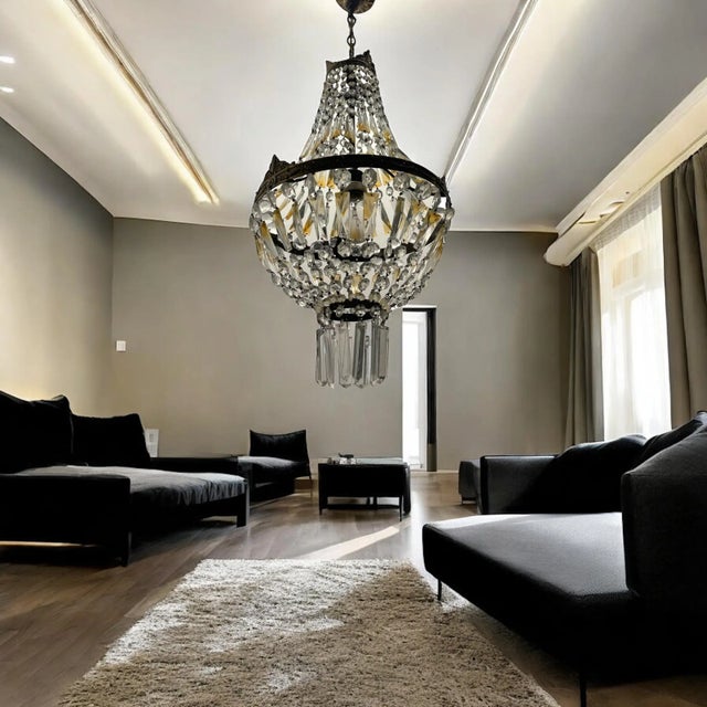 Bronze crystal chandelier 1960s height including chain and ceiling canopy 87 cm width 29 cm depth 29 cm features 1 light...