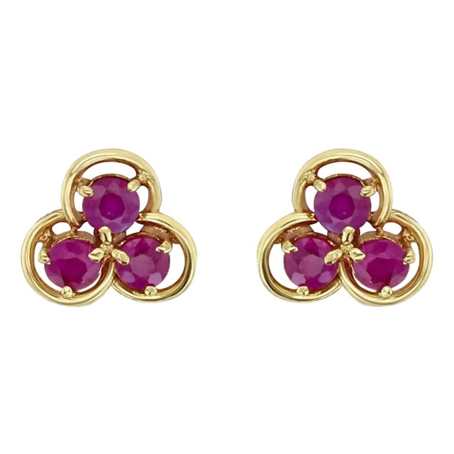 Three Stone Ruby Studs 14k Yellow Gold, 2 Pieces For Sale