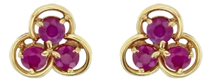 Three Stone Ruby Studs 14k Yellow Gold, 2 Pieces