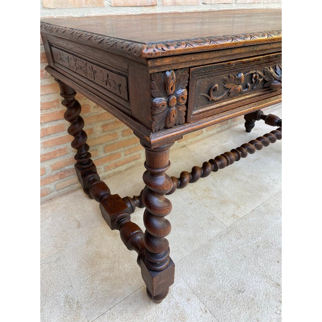 French Carved Wood Writing Table With Barley Twist Legs, Mid-20th Century For Sale - Image 12 of 17
