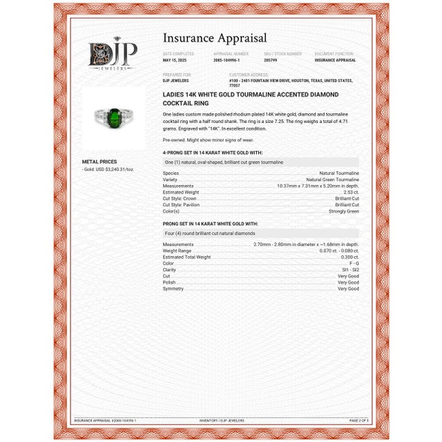 Green Ladies 14k White Gold Tourmaline Accented Diamond Cocktail Ring, Size 7.25 For Sale - Image 8 of 9