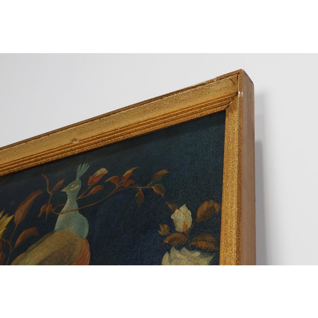 Belgian Artist, Hollywood Regency Style Peacock with Roses, 1950s, Oil on Canvas, Framed For Sale - Image 9 of 11