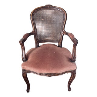 Vintage Chateau d'Ax French Provincial Louis XV Fauteuil Armchair Suede Leather, Cane Back, Wernermeier Industries Inc For Sale