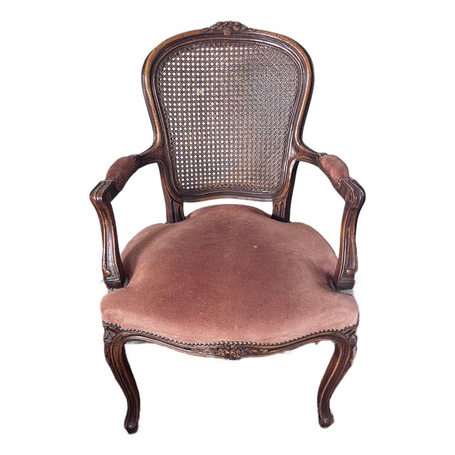 Vintage Chateau d'Ax French Provincial Louis XV Fauteuil Armchair Suede Leather, Cane Back, Wernermeier Industries Inc For Sale