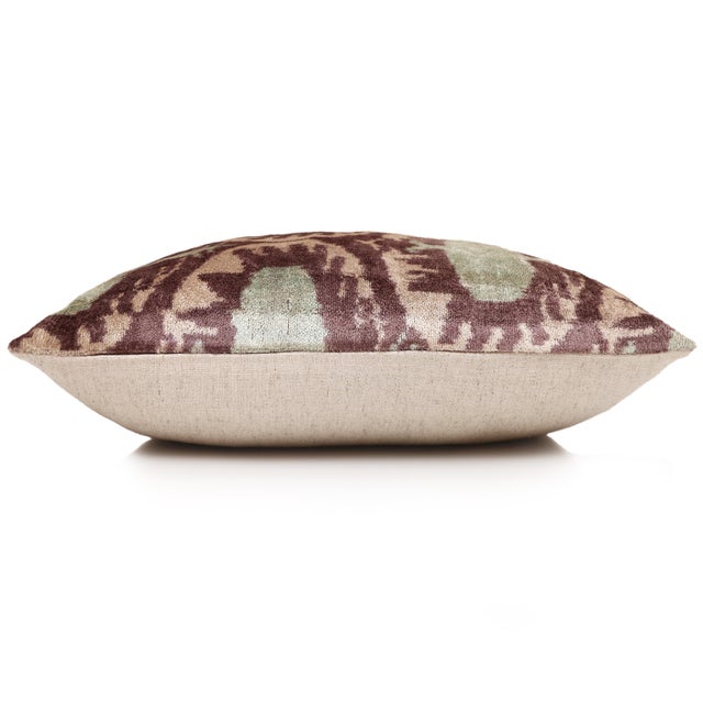 Handmade Velvet Ikat Lumbar Pillow 16x24 | Dusty Rose & Sage Medallion For Sale - Image 4 of 5
