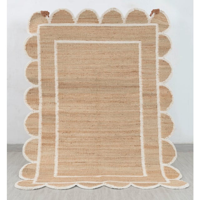 White Jute Wool Premium Handwoven (Not Braided) Scalloped Rug 9x12 Ft. For Sale - Image 4 of 12