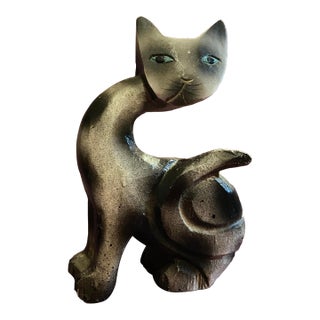 Vintage Abstract MCM Sculpture Wood Carved, Blue-Eyed Cat Gray W/ Black Spots Wood For Sale