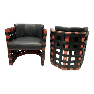 1950’s French Brutalist Leather Strapping Barrel Chairs - a Pair