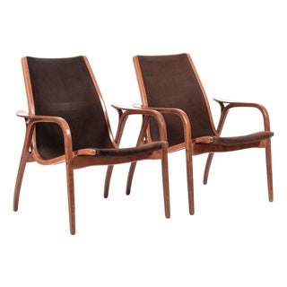 Pair Mid-Century Swedish Brown Lamino Lounge Chairs by Yngve Ekström for Swedese For Sale
