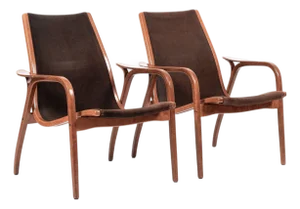 Pair Mid-Century Swedish Brown Lamino Lounge Chairs by Yngve Ekström for Swedese