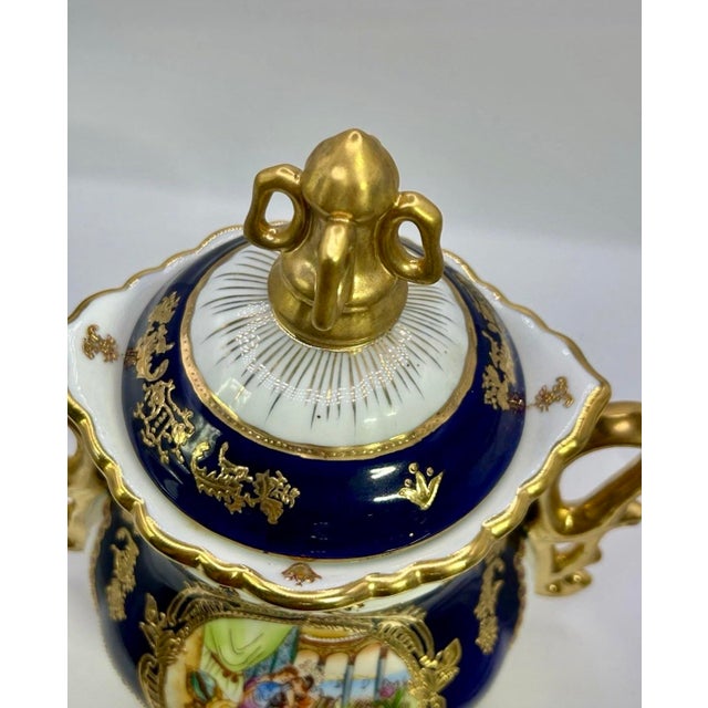 1970s Late 20th Century French Sèvres Style Cobalt Blue & Gilt Porcelain Lidded Decorative Urn For Sale - Image 5 of 11