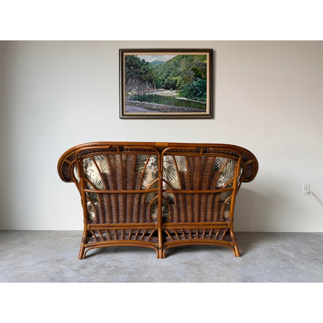 Vintage Coastal Organic Bohemian Rattan & Leather-Wrapped Loveseat For Sale In Miami - Image 6 of 12