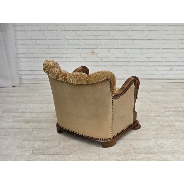 Danish Relax Armchair in Furniture Velour and Carved Oak Wood, 1950s For Sale - Image 9 of 18