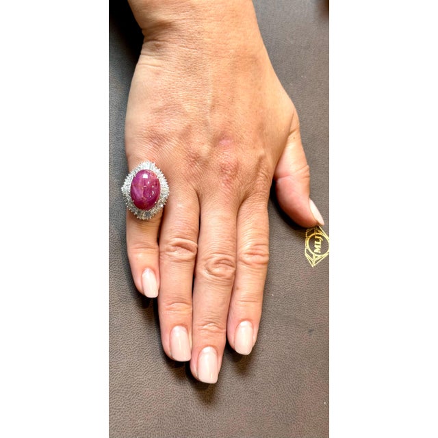 Vintage 21 Ct Star Oval Natural Ruby Cabochon & 2.45 Ct Diamond Ring , Platinum For Sale - Image 12 of 18