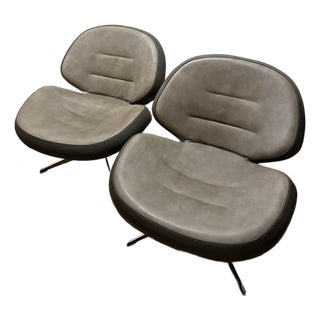 Fantastic Pair of Roche Bobois 2 Tone Leather Pivot/Swivel Arm Chairs With X Chrome Base Baseball Stitching Mink Grey Brown For Sale